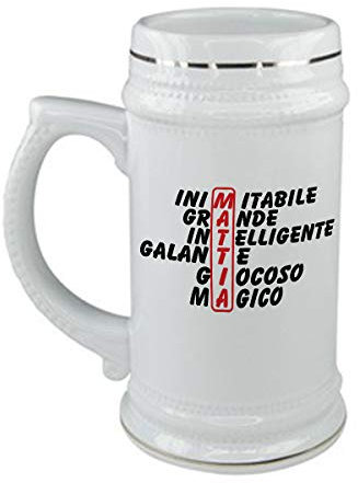 bubbleshirt Boccale da birra Compleanno - Mattia e aggettivi simpatici - evento - in ceramica - capienza 50 cl - idea regalo