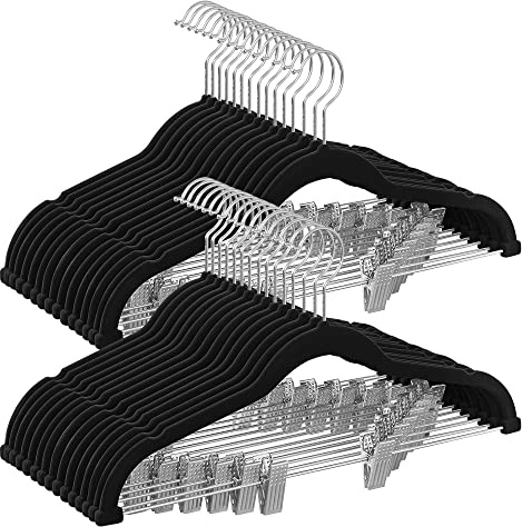 SONGMICS 30 Pack Pants Hangers, 16.7 Inches Long Velvet Trousers Hangers with Adjustable Clips, Heavy-Duty, Non-Slip, Space-Saving for Pants, Skirts, Coats, Dresses, Tank Tops, Black UCRF12B30