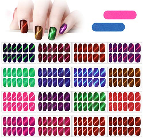 MWOOT 16 Blatt Glitzer Nagelaufkleber mit Nagelfeilen,Nail Art Aufkleber,Katzenauge Nagelsticker,Design Selbstklebende Maniküre Sticker Schöne Mode DIY Dekoration
