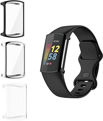 Giaogor Compatible with Fitbit Charge 5 (Not for Charge 4/3), TPU Rugged Bumper Case Cover All-Around Protective Plated Bumper Shell Accessories for Charge 5 Smartwatch (3 pack-Black+Silver+Clear)