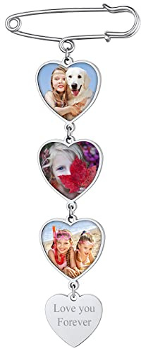 Custom4U Personalisierte Damen Herren Brosche mit 3x Fotoanhänger mit Gravur für Memorial Anhänger Brautstrauß Ansteckblume Bräutigam Edelstahl DIY Anstecker Silber für Hochzeit Weihnachten