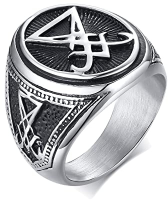 FLHEART Satanischer Siegelring Herren, Geschenke Edelstahl Siegel von Luzifer Leviathan Kreuz Symbol Punk Biker Ring Für Mann Männer Kirche der Dämon Teufel Satan Ringe