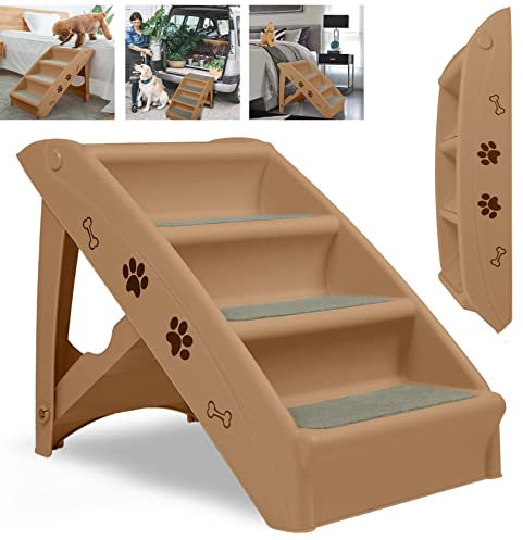 UISEBRT Hundetreppe Klappbar 4 Stufen Haustiertreppe, Tiertreppe mit Rutschfesten Matte und Stützstange Für Haustiere bis zu 75 kg, Braun