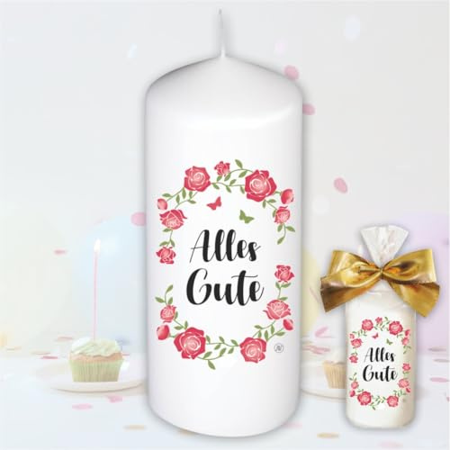 AV Andrea Verlag Kerze - Alles Gute ROSEN - Für Dich | bunte moderne Motive auf Tattoofolie | mit Geschenkfolie und goldener Schleife | Geburtstagskerze in Geschenkverpackung