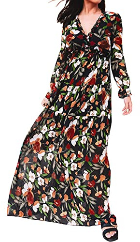 Tunika Kleid Damen Sommer - Damenkleid mit tiefem V-Ausschnitt und Rüschenrand, bedruckt, mit Blasenärmeln, langes Kleid Herbstkleid Damen Knielang