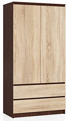 AKORD | Armario STAR S | 90 cm de dos puertas | 2 cajones con estantes y barra de ropa | Armario de dormitorio | Armario | Panel laminado de 16 mm | Wenge/Sonoma