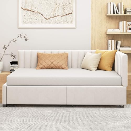 HYUB Polsterbett Schlafsofa 90x200cm mit Stauraum, Jugendbett Tagesbett mit Lattenrost und Schubladen, Gästebett für Wohnzimmer Schlafzimmer, Hautfreundlicher Samtstoff, ohne Matratze, Beige