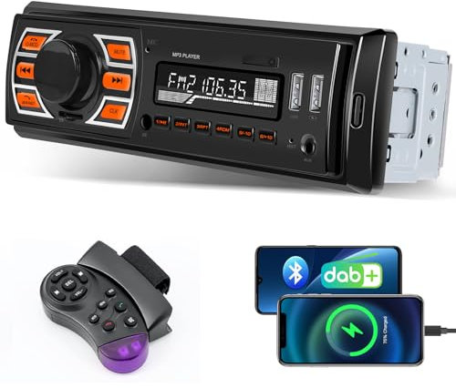 Inefala Dab/Dab+ Autoradio Bluetooth 1 Din, 1 DIN Radio Auto Bluetooth 5.0 mit beleuchtetem Knopf 7 Farben, 12~14,4 V, 60 W x 4/AUX/USB/SD/Lenkradsteuerung