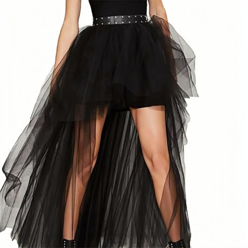 CAMDOM Womens Tulle Skirt Mesh High Waist Layered Skirt with Asymmetric Hem Wedding Party Black