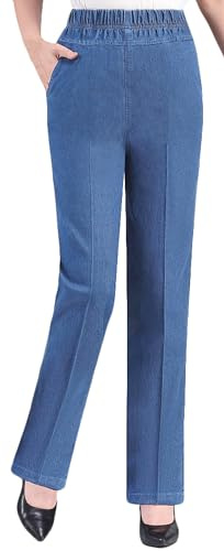 Youhan Women's Cotton Blend Denim Pants Casual Elastic Waist Pull On Jeans (Alpha, Large, Light Blue)