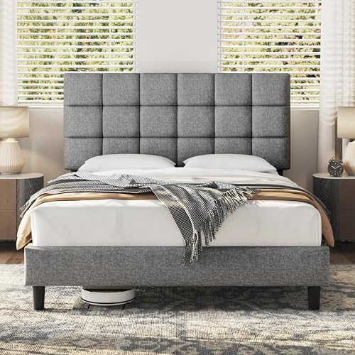 Yaheetech King Bed Frame Upholstered with Adjustable Square Tufted Headboard/Linen Fabric/Sturdy Wooden Slat Support/No Box Spring Needed, 5ft King Bed Light Grey