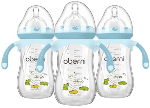 Oberni Weighted Baby Bottles with Size 4 Fast Flow Breast-Like Teat for 12 Months Plus / 1 Year Old Newborn Babies, 270ml/9oz, Non-Slip Handles, Anti-Colic, Blue/3Pack