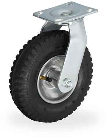 Relaxdays Ruota per Carrello Girevole 2.50-4, Rotella per Mobili e Carico da 120 kg, Gomma Gonfiabile, Nero Argentato, Acciaio