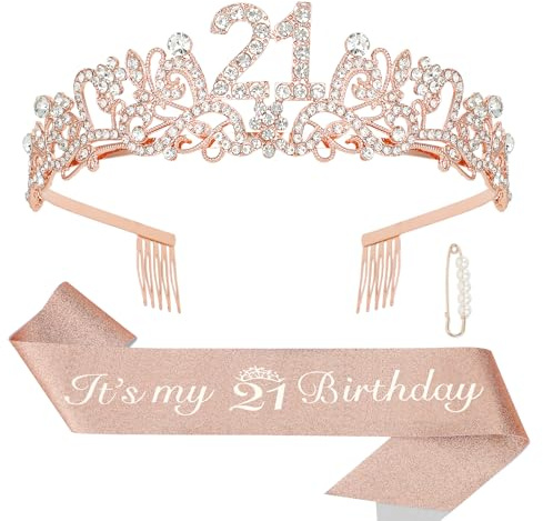 Semato 21st Birthday Decorations for Her Sash and Crown Tiara Kit Rose Gold 21st Birthday Gifts for Girls Party Supplies