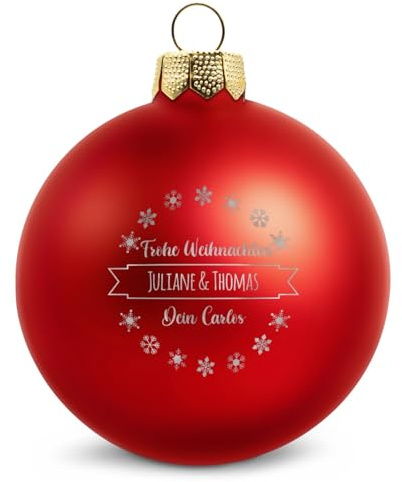 GRAVURZEILE Weihnachtskugel mit Gravur - Dein Wunschtext in 3 Zeilen - Personalisiert mit eigenem Text - Festliche Christbaumkugel für Paare als Weihnachtsdeko - Farbe: Rot Matt - Größe: 8 cm