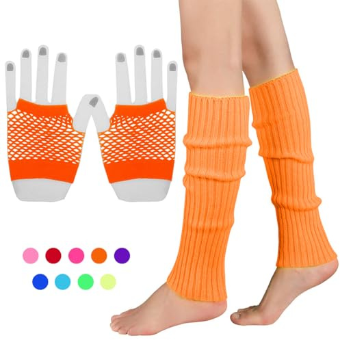 INGJIA Set de Calentadores de Piernas Elásticos de Neón y Guantes de Rejilla Accesorios Disfraces los Años 80(Rojo 1)