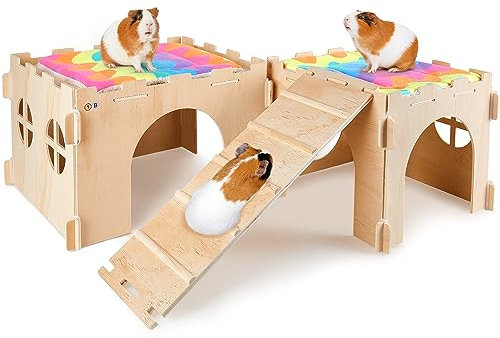 BeBeJoJo Meerschweinchen Versteck Aus Holz,2 Häuser,55x25x20cm,Meerschweinchen Haus Mit Rampe Kaninchenhaus für Kleine Haustiere