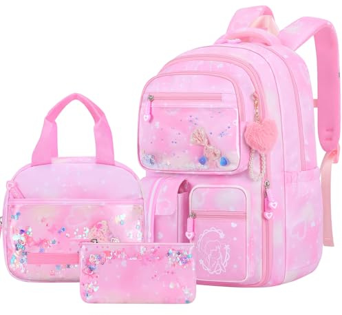 Amythe Skolväska Set Flicka Grundskola 3-delat, Kawaii Skolväska Barn, Lätt Skolväska Flicka Gymnasieskola för År 1-6, 6 till 12 år, rosa, 15.6 Zoll (Laptop-Fach)
