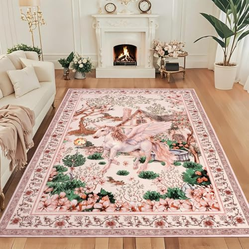 Geanup Animal Washable Rugs Living Room Large 160x230 cm, Pink Unicorn Floral Area Rugs for Kids Bedroom Soft, Non Shedding Floor Carpets for Kids Room Bedside Nursery Dining Room Office Study