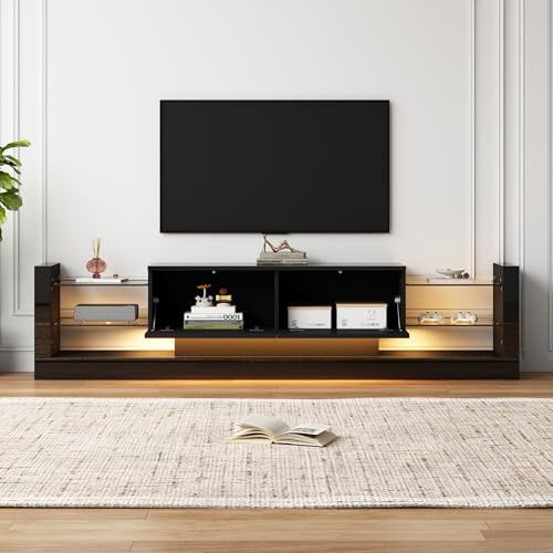 SUKY Mueble de TV con iluminación LED de alto brillo, para televisores de hasta 80 pulgadas, con dos cajones plegables, 181 x 38 x 38 cm, color negro