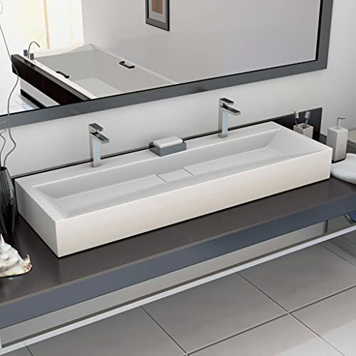 Vasque à Poser Salle de Bain Maison Lavabo rectangulaire Évier Lave-Mains de Salle d'eau Vasque a Poser en Fonte minérale/marbre Moderne, 120x46x11 cm Blanc