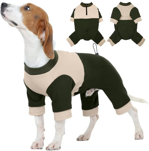 Kuoser Warmer Hundepullover mit 4 Beinen, Warmer Fleece Hundeschlafanzug, Weicher Elastischer Hundebody mit Reißverschluss und Kordelzug für Mittelgroße Hunde Winterkleidung, Grün M