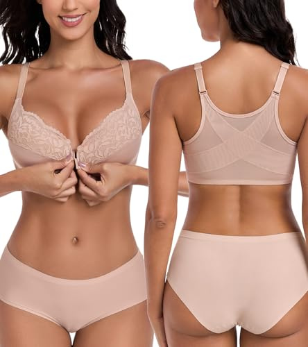 Lemorosy Women's Plus Size Front Closure Wired Back Support Bra | Non Padded, X-Shape Back Posture Support, Hide Back Fat, Deep V Neckline, Adjustable Shoulder Straps, Sexy Lace