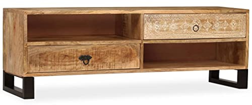 QZZCED Vintage Solid Mango Wood TV Cabinet with Storage Drawers, Industrial Style Lowboard for Living Room or Bedroom
