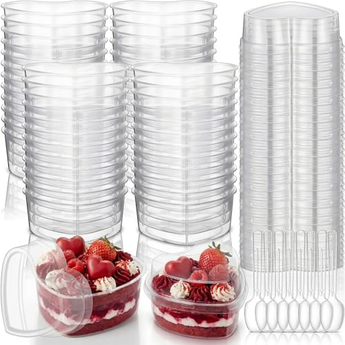 Potchen 48 Pack Heart Shaped Dessert Cups with Lids and Spoons 4 oz Mini Plastic Dessert Container Appetizer Parfait Cups Clear Shooter Container for Valentine Wedding Serving Party
