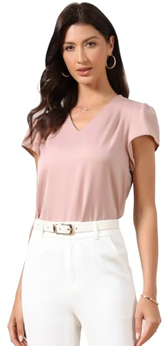 Allegra K Blusa para Mujer de Satén Plisada con Cuello en V y Manga Corta Casuales de Verano Rosa Empolvado S