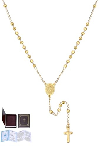 U7 Collar Rosario de Mujer Acero Inoxidable con Cuentas de 3mm Dorado Rosario Collar de Mujer Cruz Cadena 46cm + 7,8cm con Libro de Oraciones, Manual y Caja de Regalo
