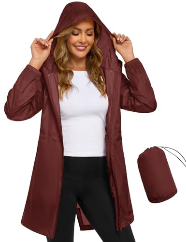 Vancavoo Poncho Impermeabile Donna Giacca Antipioggia Lungo Mantella Giubbotto con Cappuccio Ideale per Campeggio all'aperto Escursionismo,Rosso vino,L
