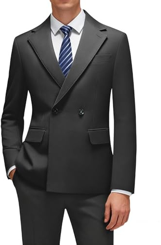 MOGU Mens 2 Piece Suit Wool Double Breasted Tuxedo Wedding Prom Business Suits Jacket Pants Size M Black