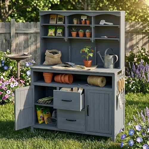 45.3 L Outdoor Potting Bench with Storage Cabinet & Hutch, Wooden Garden Workstation with Drawers & Shelves, Patio Kitchen Island BBQ Prep Table, Large Countertop, Solid Fir Wood