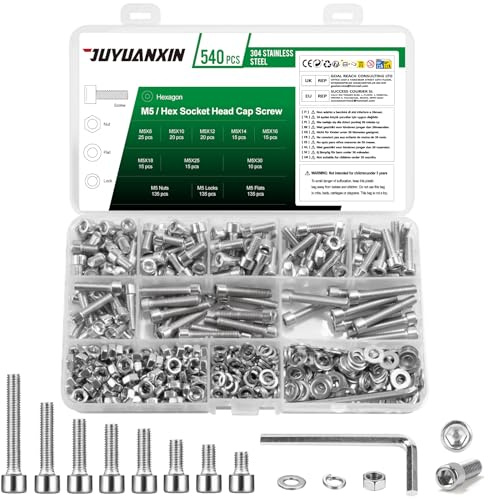 540 Stück M5 Schrauben Set, Edelstahl Zylinderschrauben mit Innensechskant Schrauben Muttern Set mit Unterlegscheiben Set, Sechskantschrauben Maschinenschrauben Sortiment, Gewindeschrauben Set