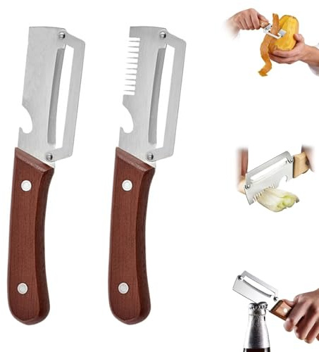 Multifunctional Vegetable Peeler 2Pcs, 3-in-1 Steel Peeler with 1.8mm Extra Thick Blade – Potato Peeler, Julienne Cutter & Bottle Opener, Non-Slip Wooden Handle, for Kitchen, Camping & Home Use(A)