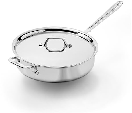All-Clad D3 3-Ply Stainless Steel Sauté Pan 4 Quart Induction Oven Broiler Safe 600F Pots and Pans, Cookware Silver