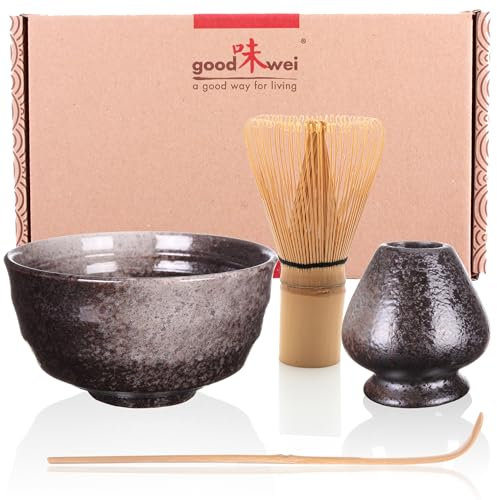 Goodwei Matcha Set with Ceramic Matcha Bowl (6 fl.oz) and Whisk Holder | Bamboo Whisk and Spoon| Matcha Gift Set Box (Goma)