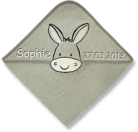 SL-Store GbR Kapuzenhandtuch mit Namen Bestickt 80x80 cm Handtuch Baby Geschenk zur Geburt Badehandtuch, Wörner Stick:Esel hellgrau 40791