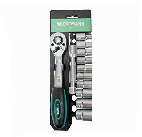 Steckschlüsselsatz 12tlg mit 1/2 Knarre, 10mm - 24mm Sechskant Bit Einsätze und Verlängerung 125mm aus Chrom-Vanadium Stahl mit Halter von WIESEMANN 1893 I 80065