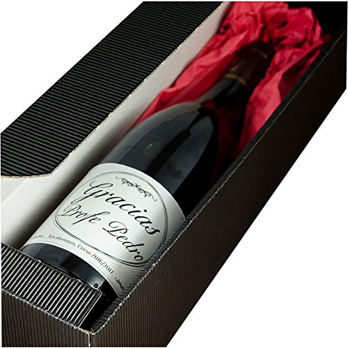 Regalo para profesores personalizable: botella de vino 'Gracias Profe' personalizada con su nombre y la fecha y dedicatoria que tú quieras