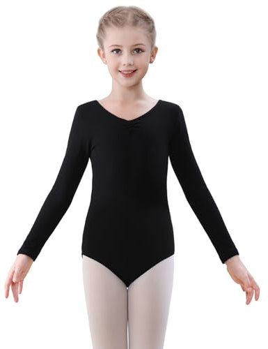 FONLAM Balletttrikot Mädchen Ballettkleidung Turnanzug Mädchen Langarm Gymnastikanzug Tanztrikot Kinder (6-7 Jahre, Schwarz)