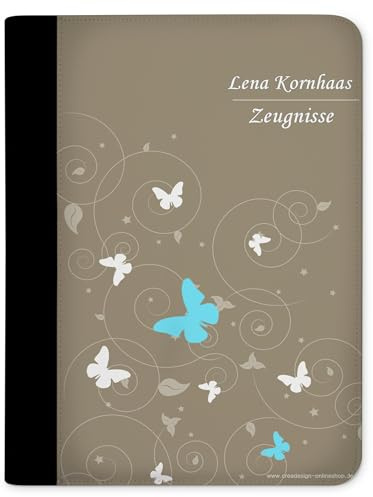 CreaDesign Zeugnismappe A4 mit Namen personalisiert – Schmetterling Ornamente Beige – für Mädchen – Dokumentenmappe Schule ohne Klarsichthüllen