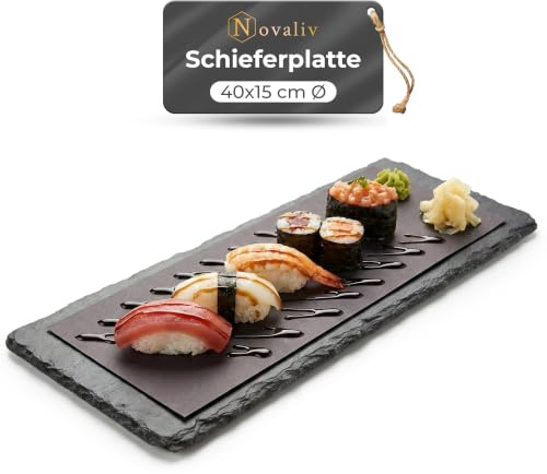 Novaliv Schieferplatte rechteckig I 40x15x0,5 cm I Schiefer Platte Schieferteller Servierteller Servierplatte Schiefer Teller Deko schmall