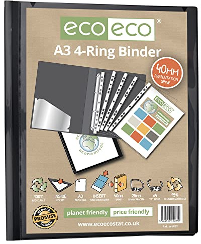 eco-eco A3 95% återvunnen 4-D porträtt ringpärm mapp, konstverk portfölj, eco087