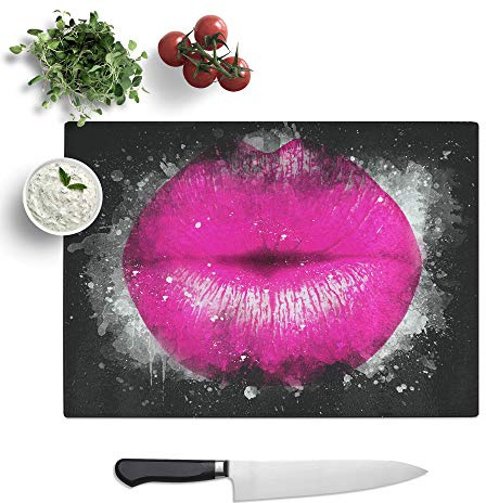 Glass Chopping Board, Hot Pink Lips, 28.5x20 cm | Textured Glass Worktop Saver with Non-slip Feet, Hygienic Cutting and Serving Board for Protecting Kitchen Surfaces