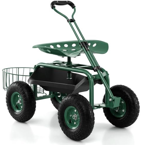 DORTALA Garden Cart, Heavy Duty 330 lbs Capacity, 4-Wheel Rolling Work Seat with 360 Swivel, Tool Tray, Extendable Steering Handle, Adjustable Height, for Gardening, Green