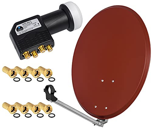 Système satellite HD numérique 60 cm avec miroir en acier rouge brique + Quad LNB 4 participants pour la réception des signaux DVB-S/S2 Full HD 3D 4K Ultra HD (UHD) + fiche
