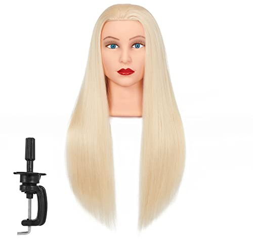 Traininghead 26-28 inch Mannequin Manikin Head Synthetic Hair | Cosmetology Doll Training Head White Hair Styling Braiding Practice for Hairdresser Clamp Stand Hair Extension