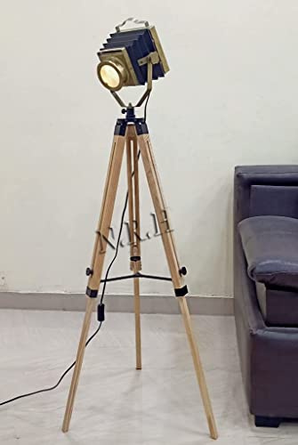 Lampadaire industriel avec trépied en bois vintage pour cinéma décoratif